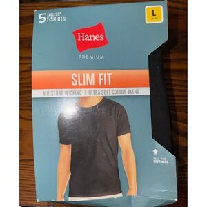 Hanes Premium Mens Slim Fit Tagless T-Shirts Black Cotton Blend 4 Pack Large L